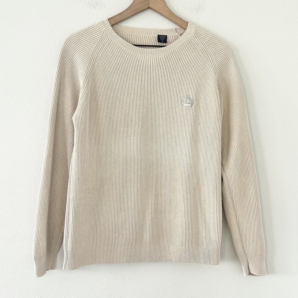 Vintage IZOD Ribbed Knit Crew Neck Sweater Sz S preppy Coastal Fisherman Beige